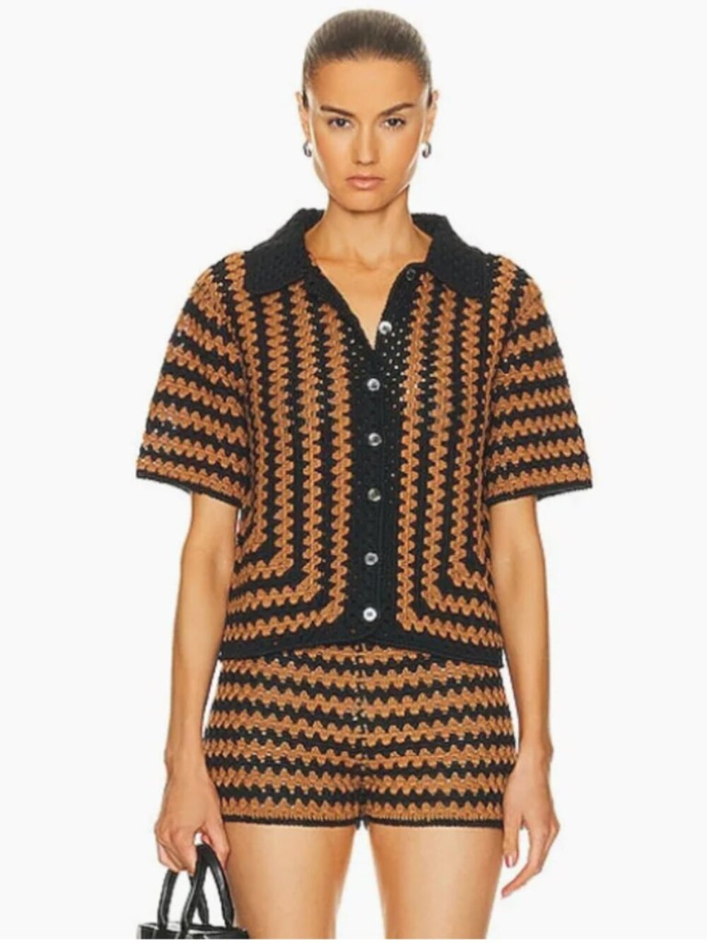 STAUD Mabel Top Black Tan Seashore Stripe Crochet